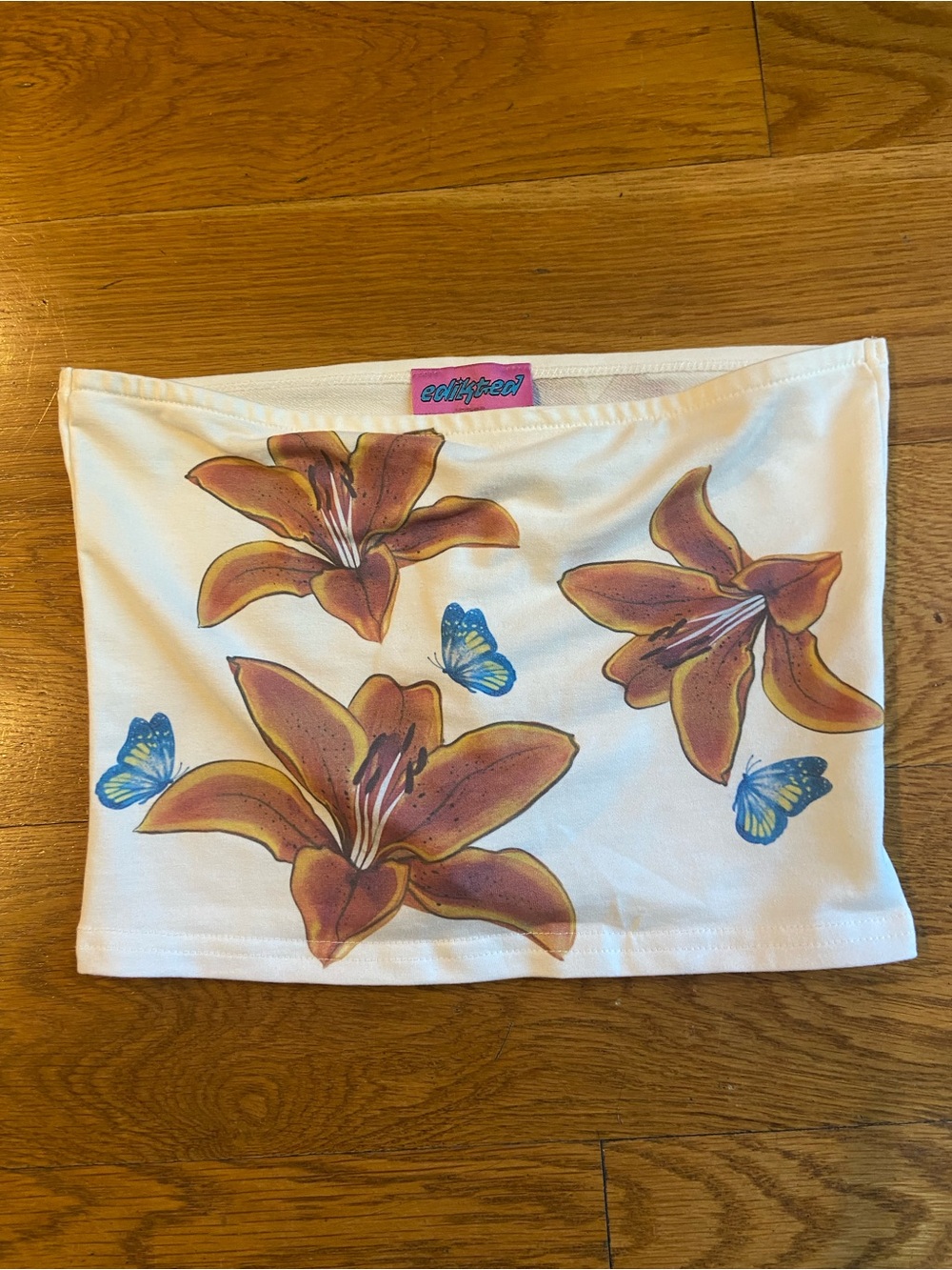 Edikted White Tube Top with Orange Lily and Blue Butterfly Print